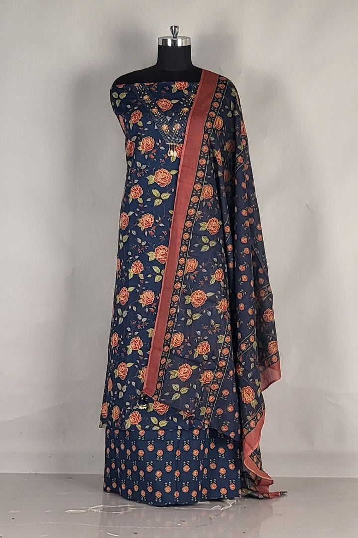 V- Neck Cotton Salwar Suit Piece Set- Blue Colour