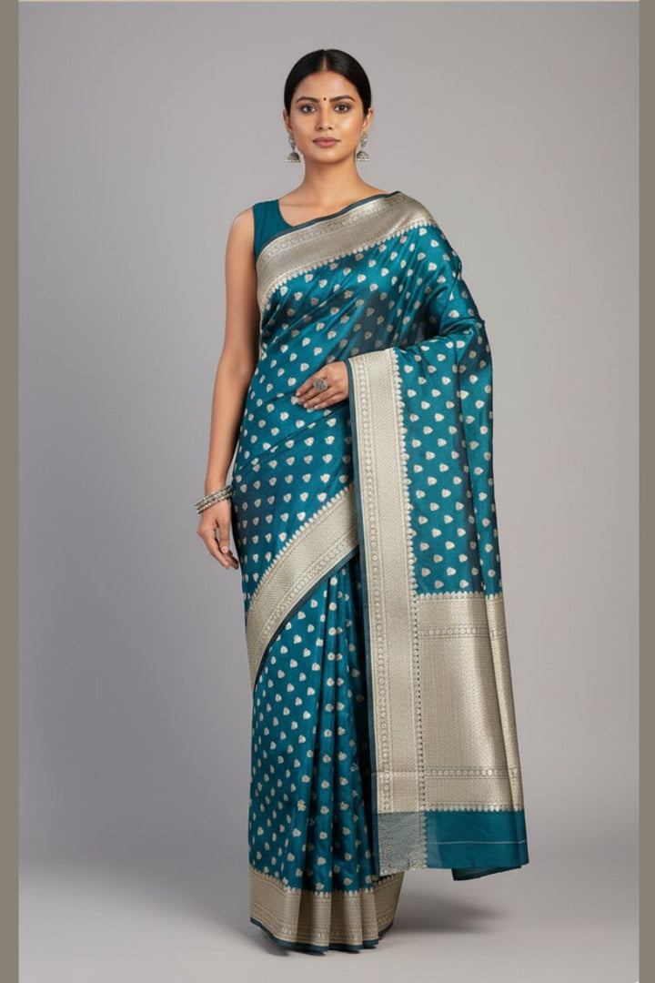 Wedding Katan Silk Saree for Reception Look- Blue