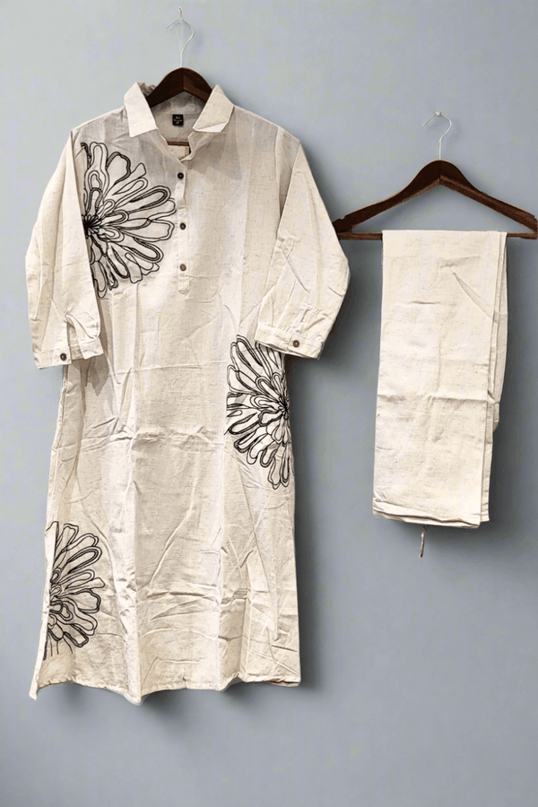 White Cotton Kurti Pant Set for Ladies