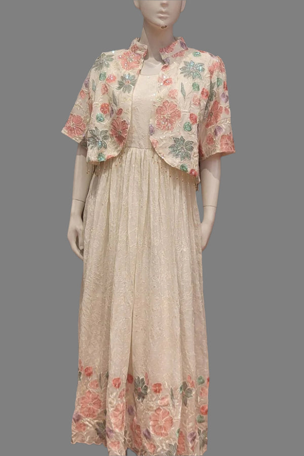 White Long Dress with Collar Jacket