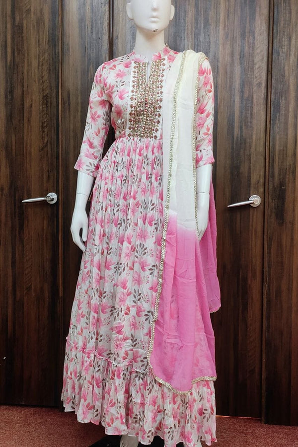 White Gown With Printed For Festive Look
