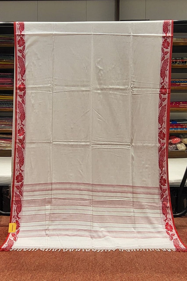 White Handloom Cotton Saree With Red Thin Border