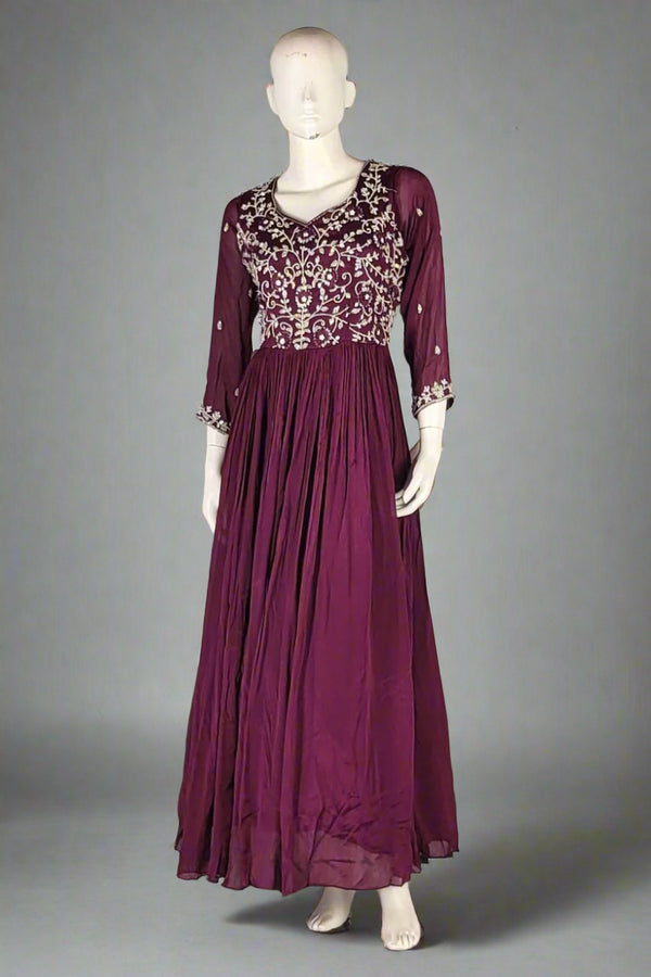 Wine Colour Gown In Silk with Beautiful Yoke