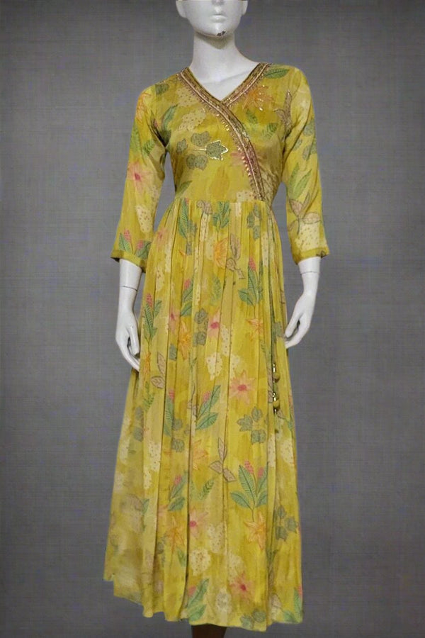 Angrakha Style Gown in Printed Silk Fabric