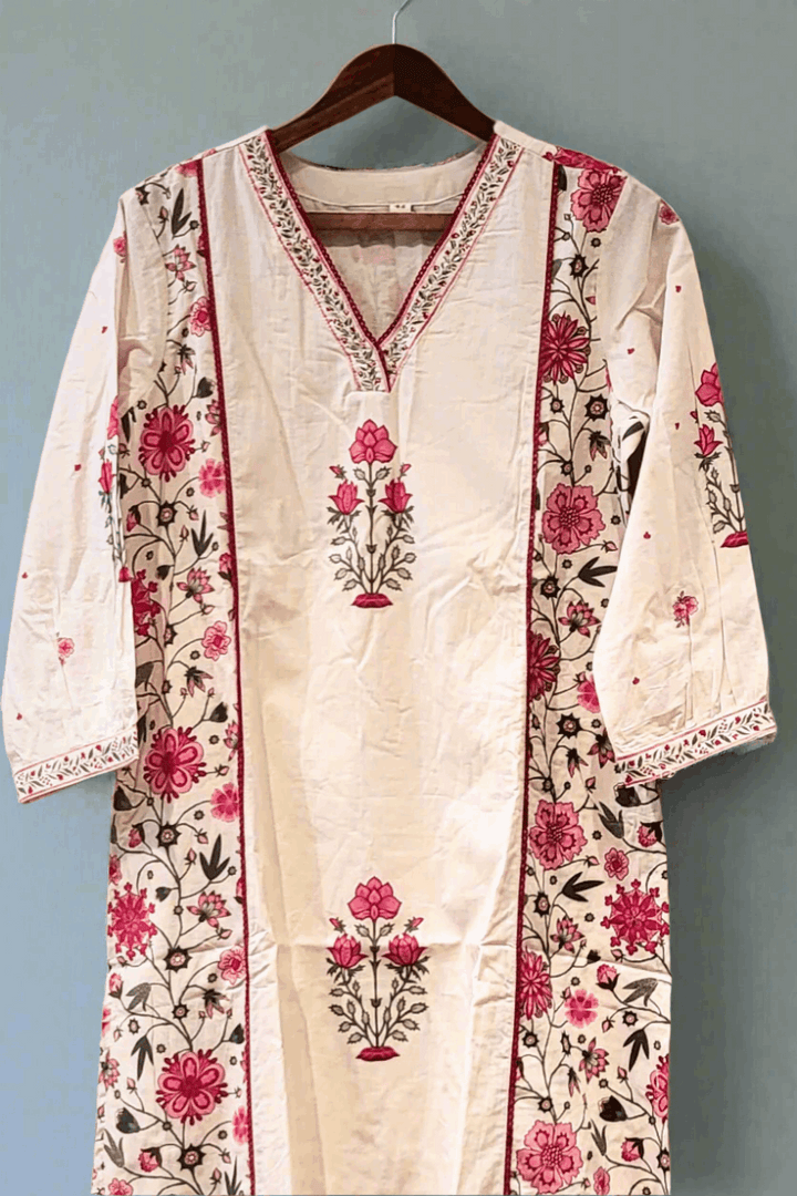 White Cotton Ready Made Suit for Women