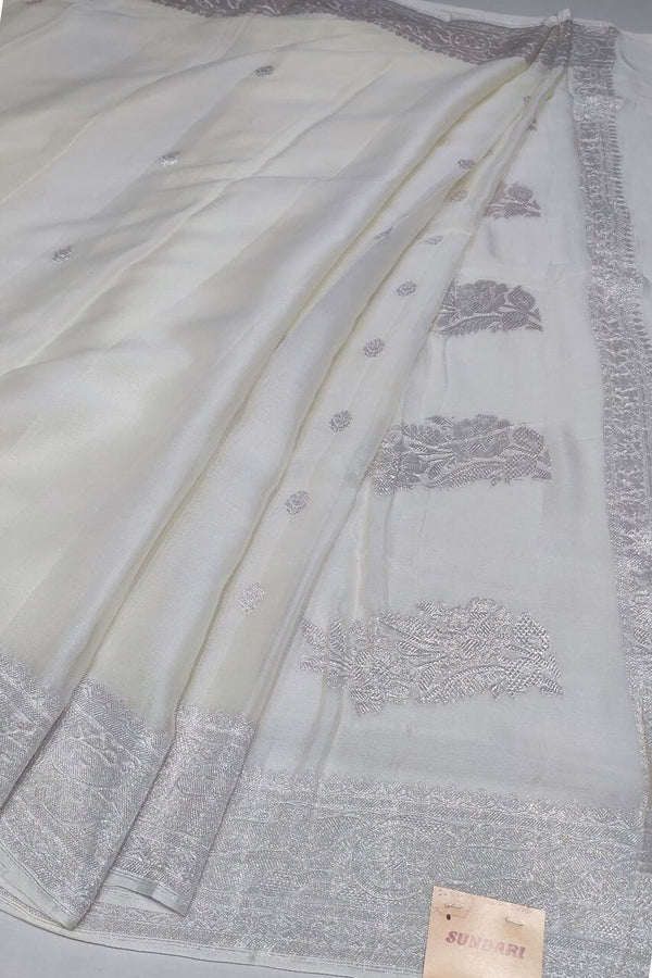 Chiffon Saree With Silver Zari In Off-White Color