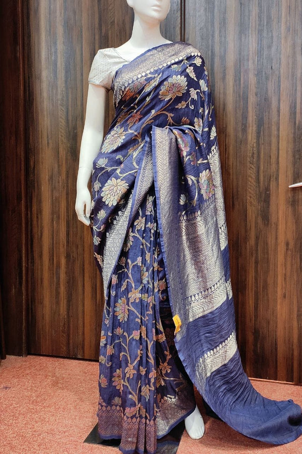 Muga Tussar Silk Saree With Floral Zari Woven