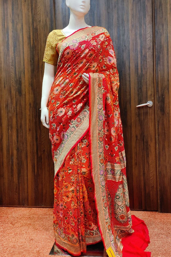 Bandhani Saree In Pure Georgette With Floral Meenakari