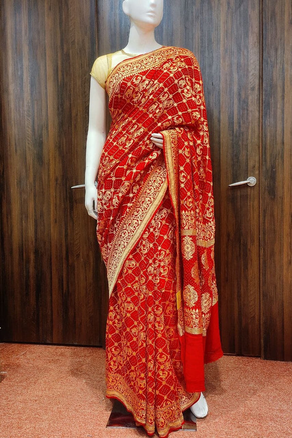 Bandhej Saree In Red Color With Hand Work