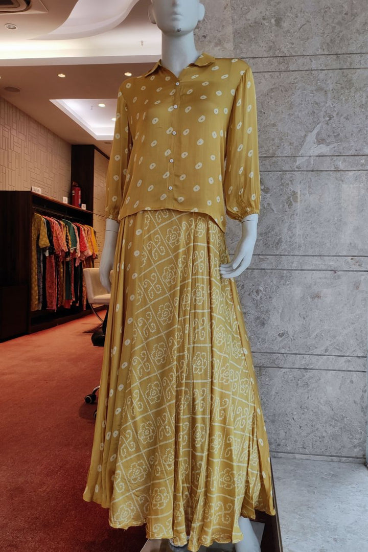 Indo-Western Long Skirt With Shirt Bandhni Printed