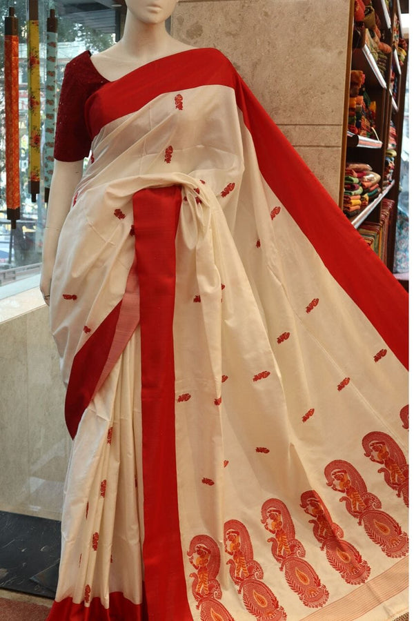 Bengal Handloom Silk Saree In Red And White