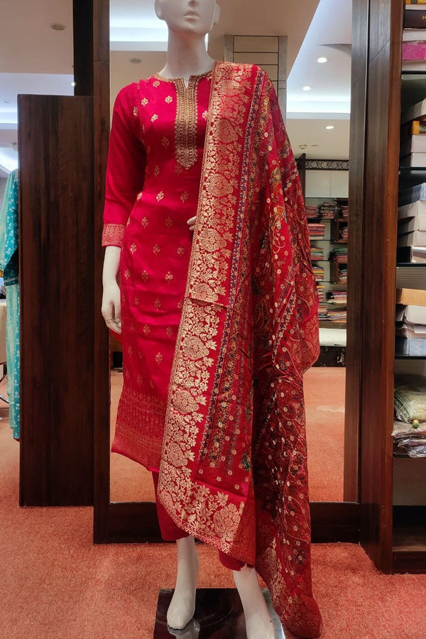 Chanderi Silk Suit Piece In Rani Color