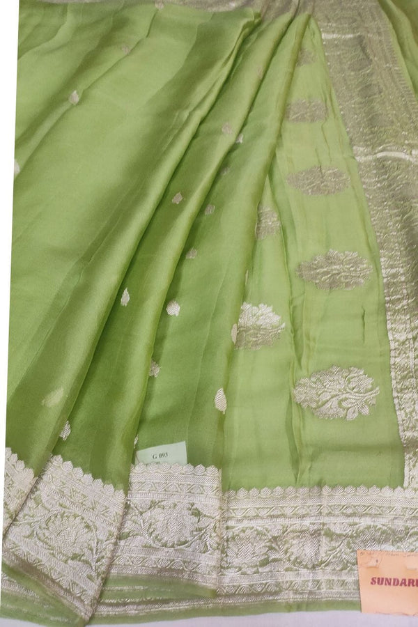 Chiffon Saree In Green Color With Silver Zari Booti