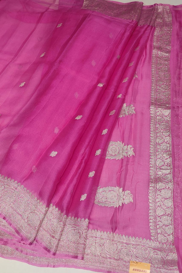 Chiffon Saree In Pink Color With Silver Zari Booti