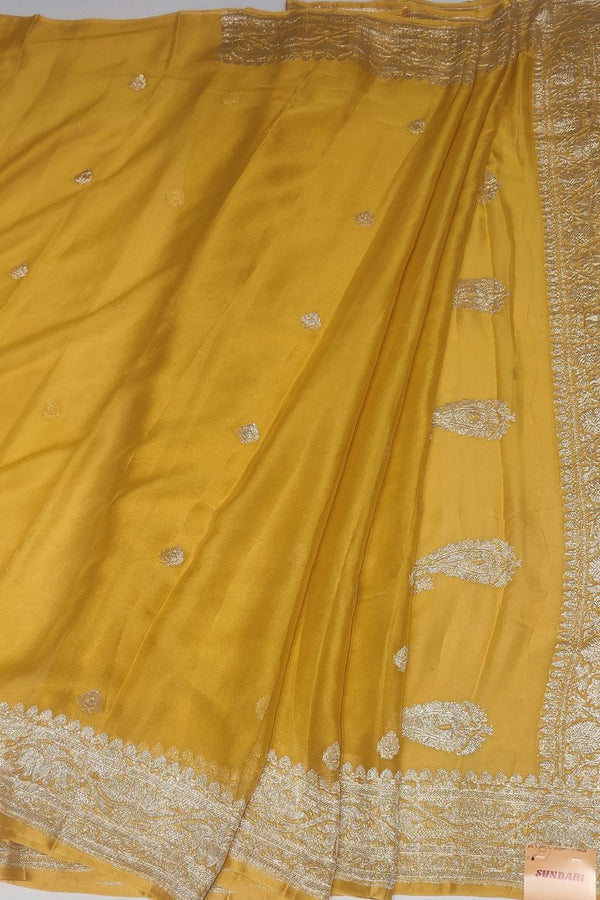 Chiffon Saree In Yellow Color With Silver Zari Booti
