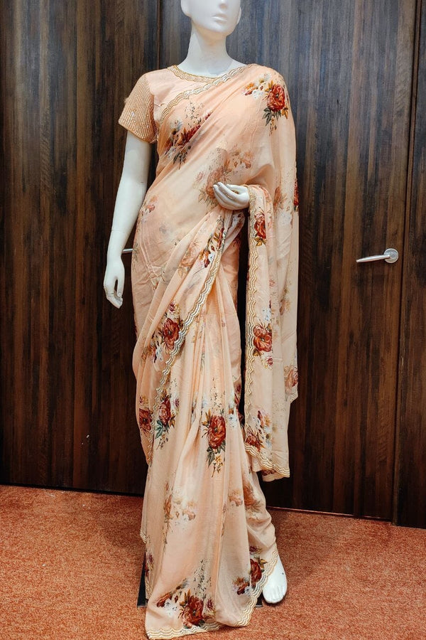 Chiffon Saree With Ready-Made Blouse In Peach Color