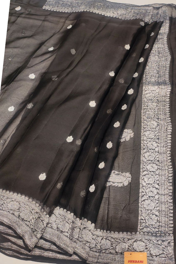 Chiffon Saree With Silver Zari Booti In Black Color