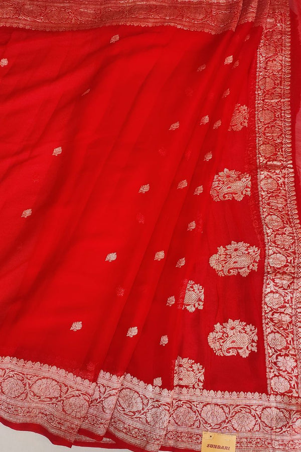 Chiffon Saree With Silver Zari Buti In Red Color