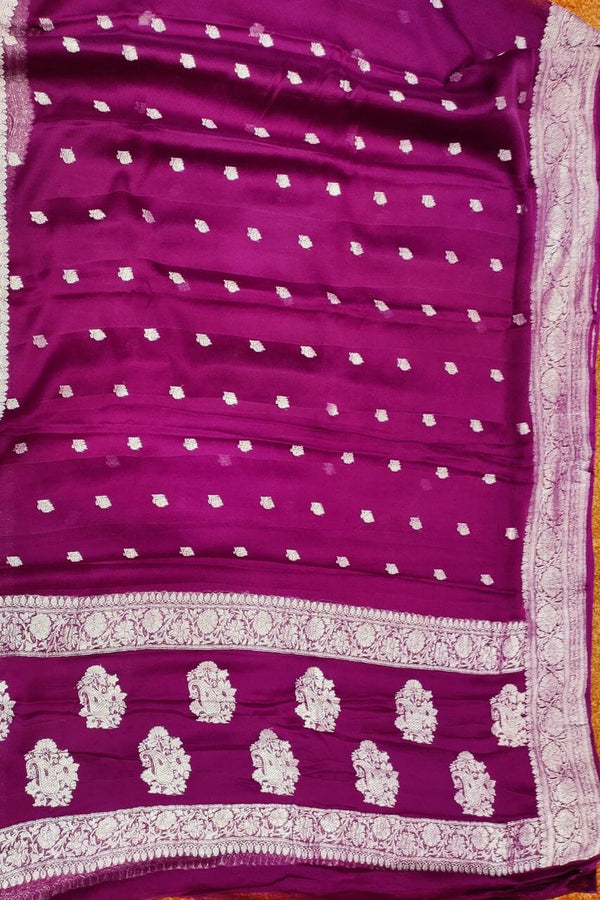 Pure Chiffon Saree With Silver Zari Buta Work