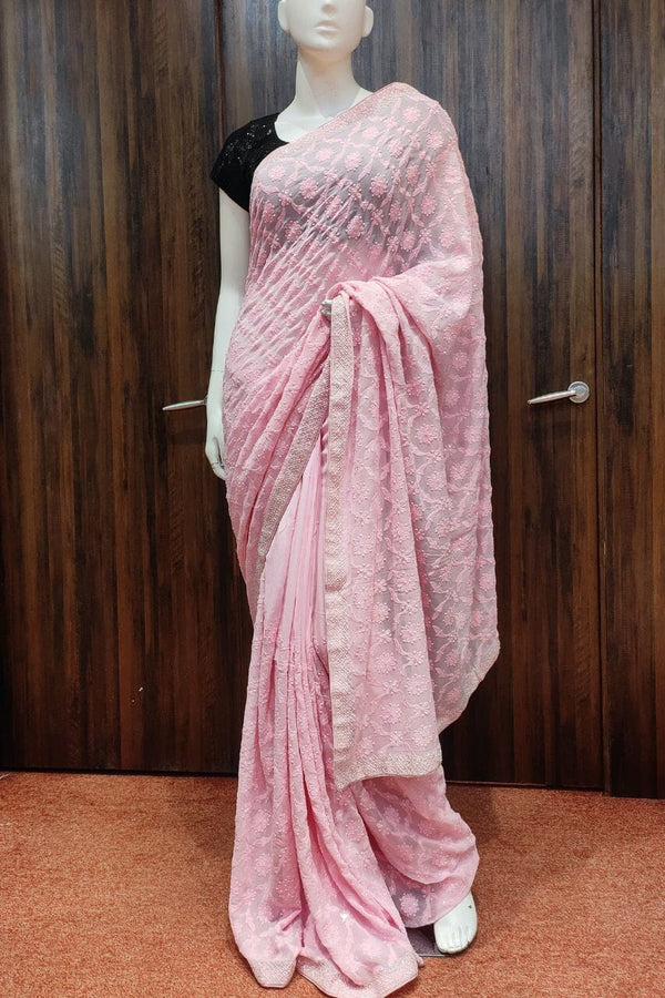 Chikankari Embroidered Saree In Light Pink Color