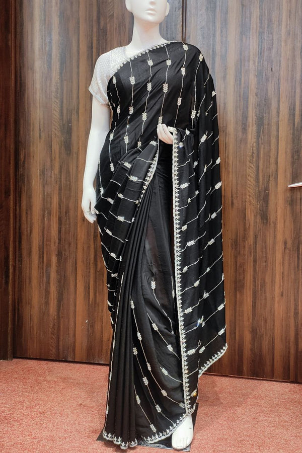 Chinon Saree In Black Color With Stone Work