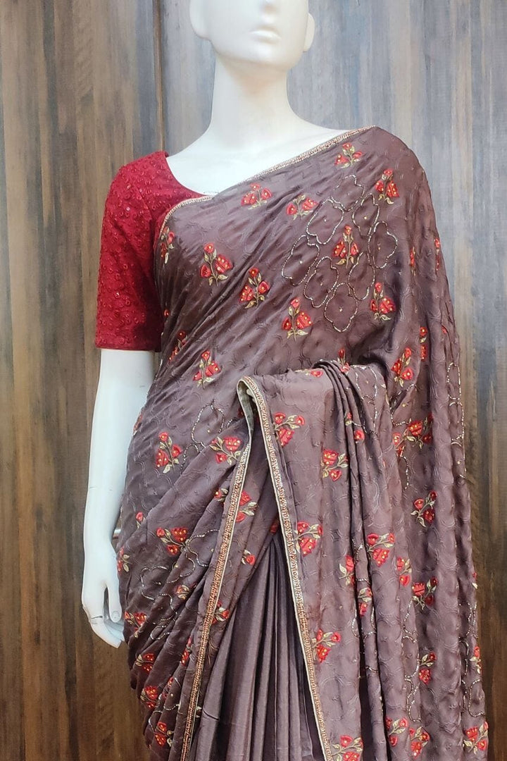 Chinon Saree In Grey Color Chinon Saree In Grey Color 