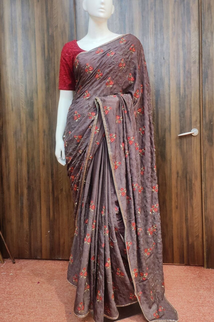 Chinon Saree In Grey Color With Thread EmbroideryChinon Saree In Grey Color With Thread Embroidery