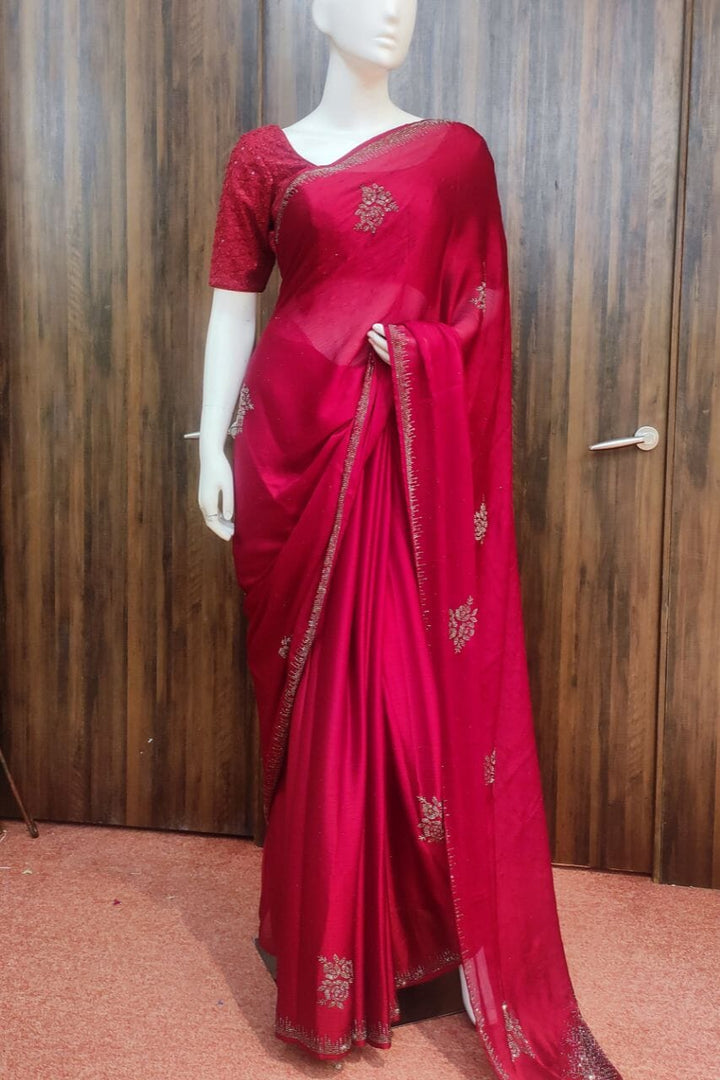 Chinon Saree In Maroon Color