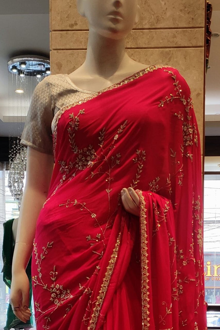 Chinon Saree In Rani Pink Color 