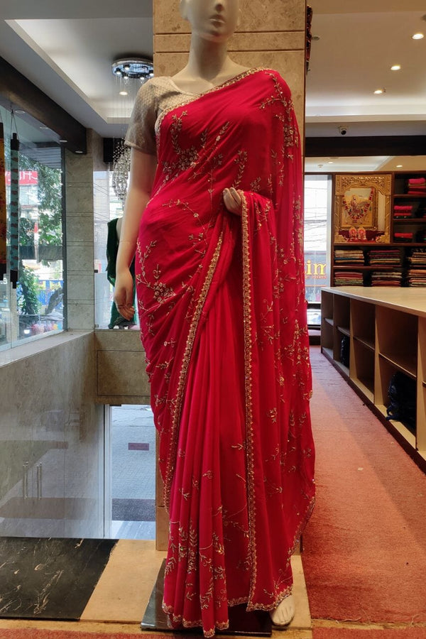 Chinon Saree In Rani Pink Color With Stone Work