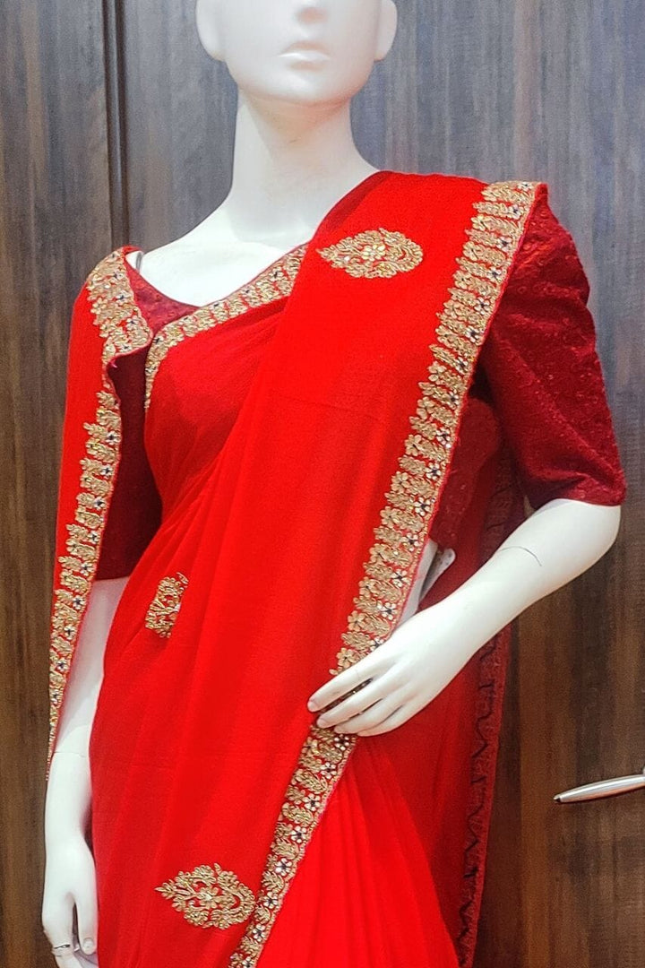 Chinon Saree In Red 