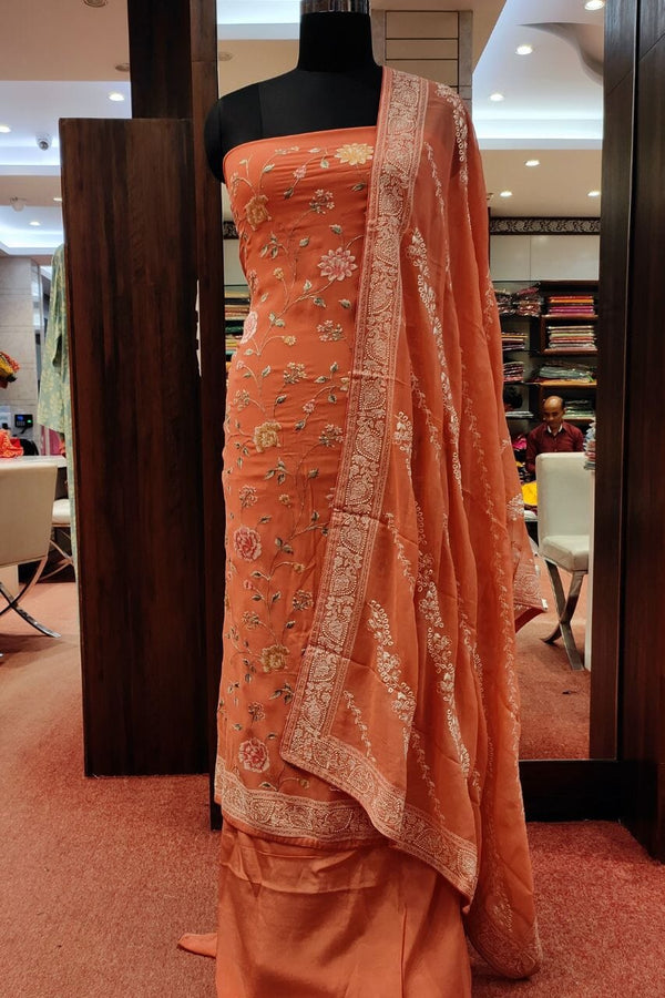 Crepe Silk Suit Piece With Floral Embroidery