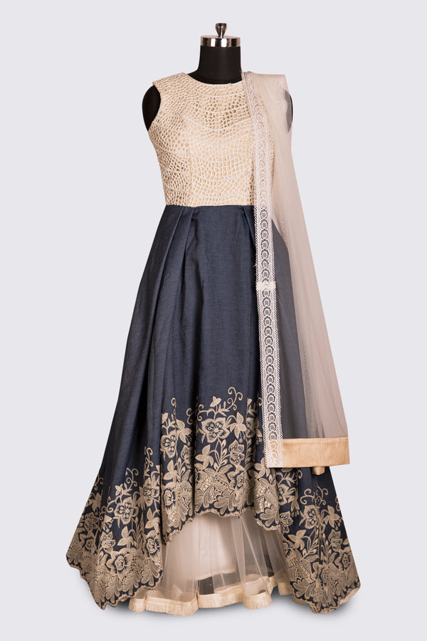 Denim Gown In Grey And White Colour - Sundari