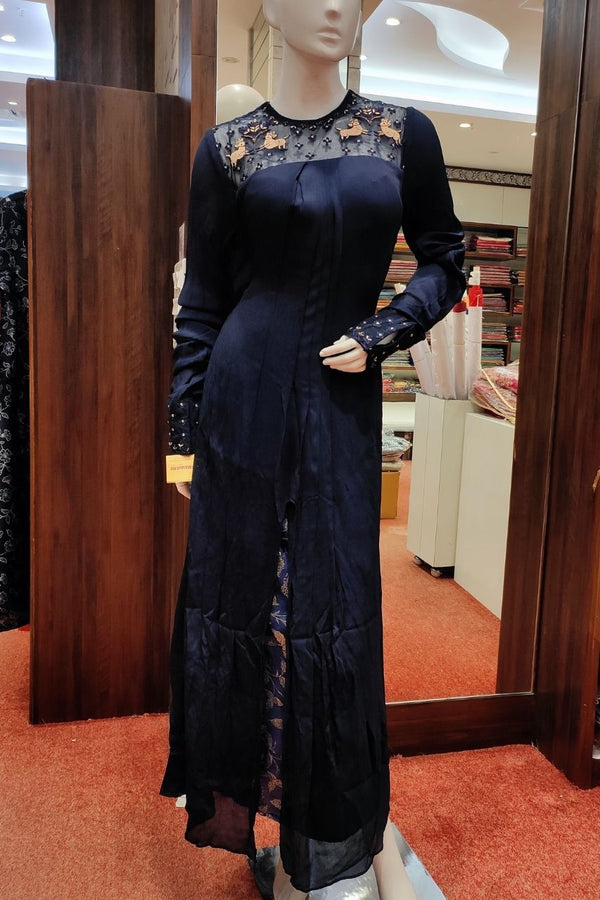 Designer Gown With Chiffon Fabric In Navy Blue Colour