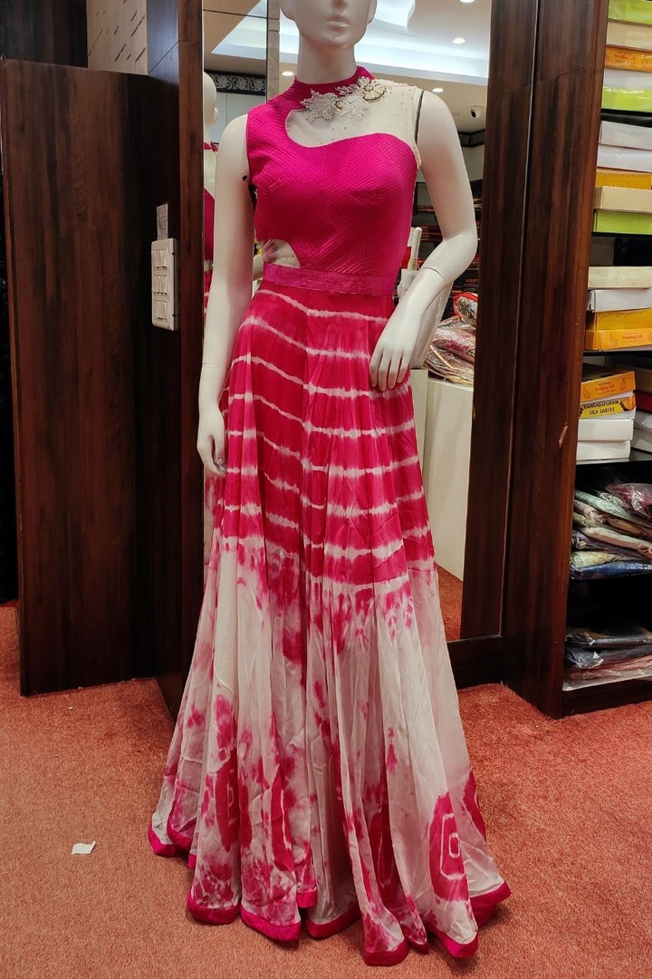 Designer Gown With Shibori Printed In Chiffon Fabric