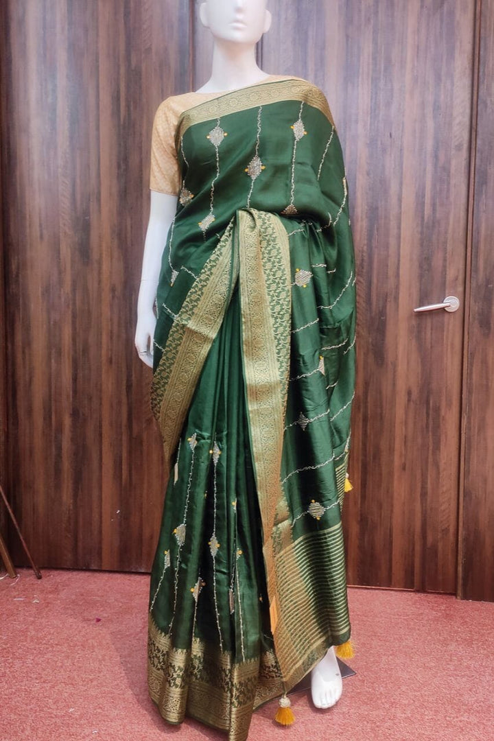 Dola Silk Saree In Dark Green Color