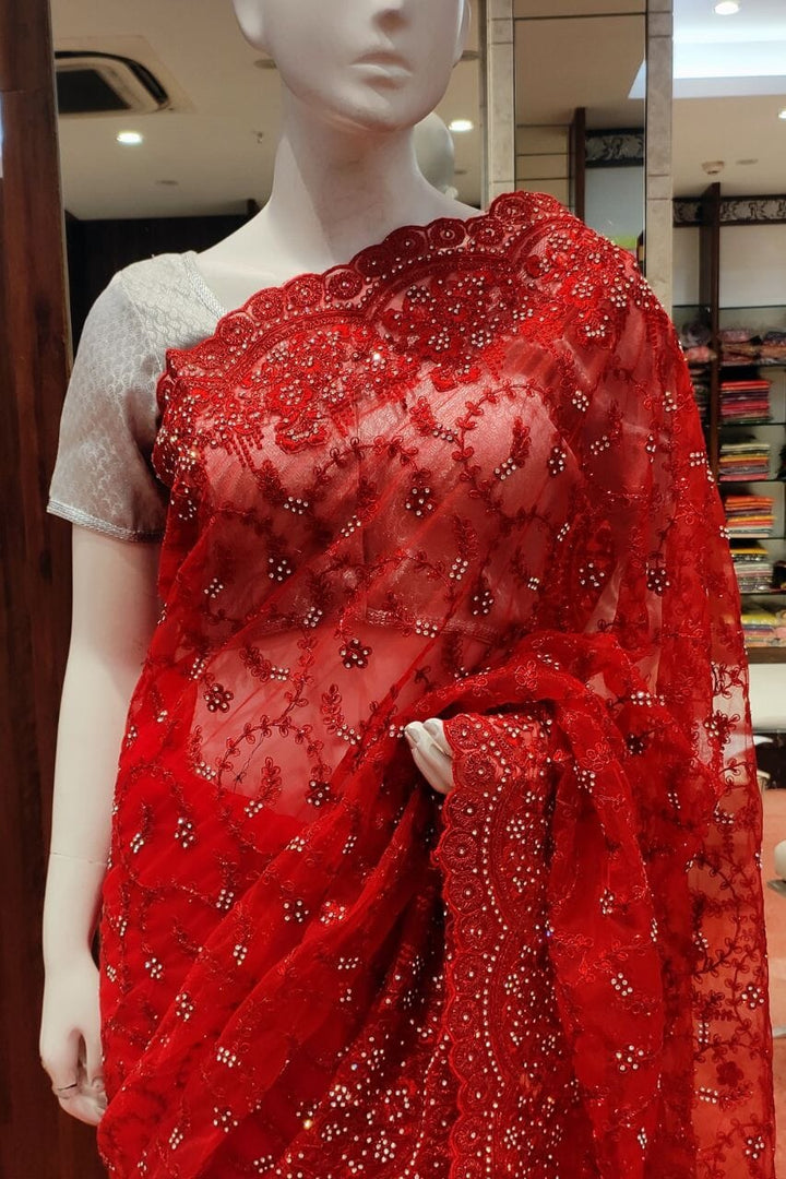Embroidered Net Saree In Red 