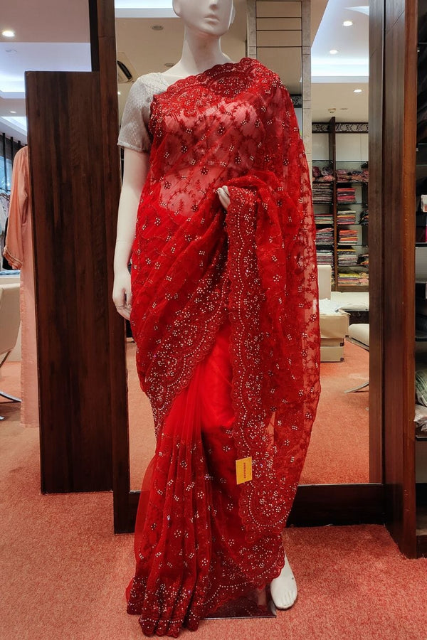 Embroidered Net Saree In Red Color