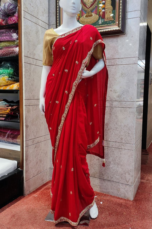 Embroidered Red Saree In Chinon Silk