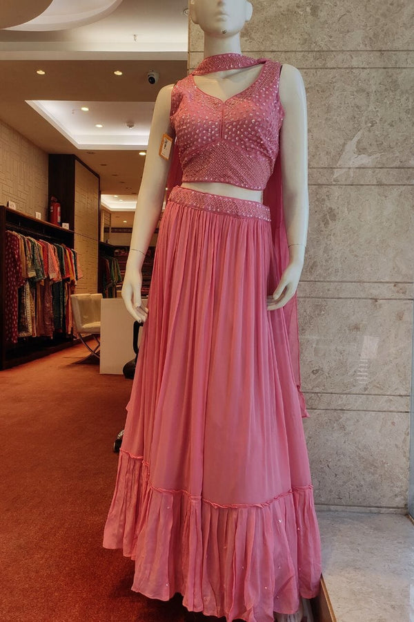Fancy Crop Top Lehenga Set In Pink Color