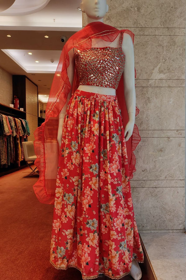 Floral Printed Lehenga With Mirror Work Choli Dupatta