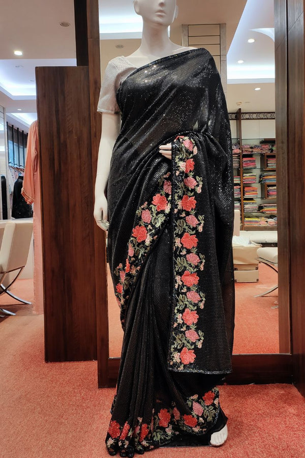 Georgette Saree In Black Color With Sequence All-Over