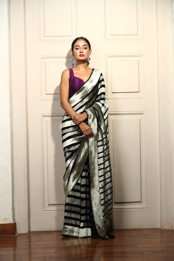 Georgette Saree In Black With Golden Stripes