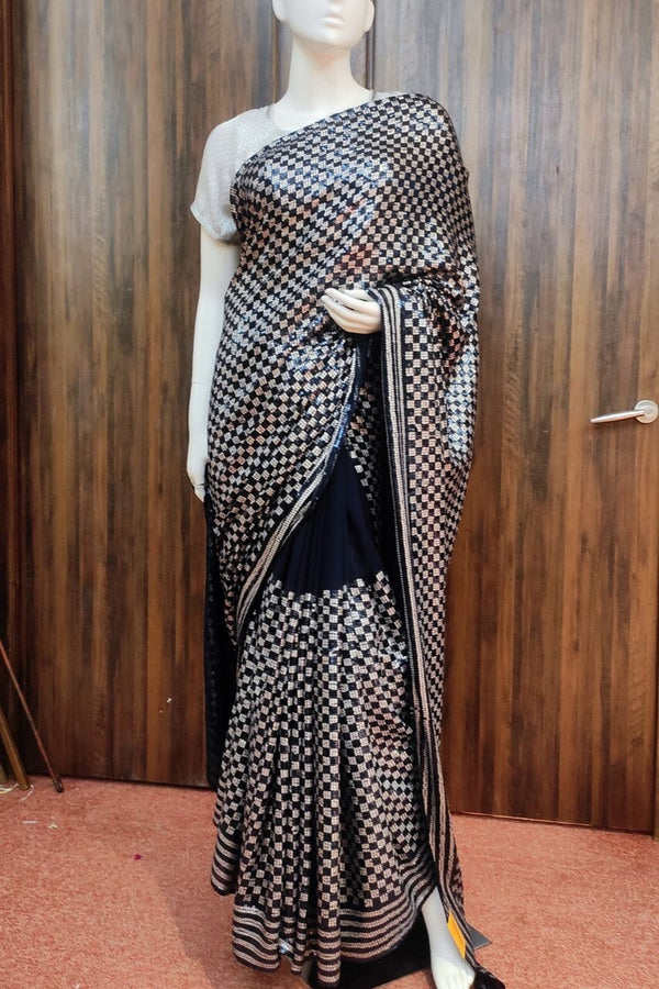Georgette Saree In Navy Blue Color With Sequins