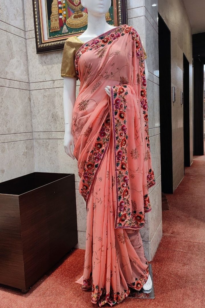 Georgette Saree In Peach Colour With Hand Work Embroidery