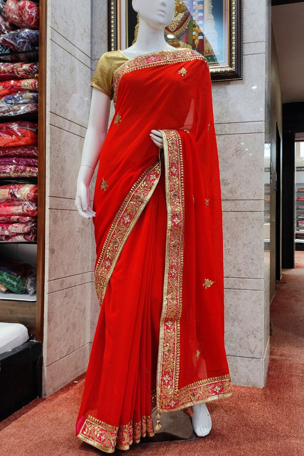 Georgette Saree In Red Color With Gota Patti Border
