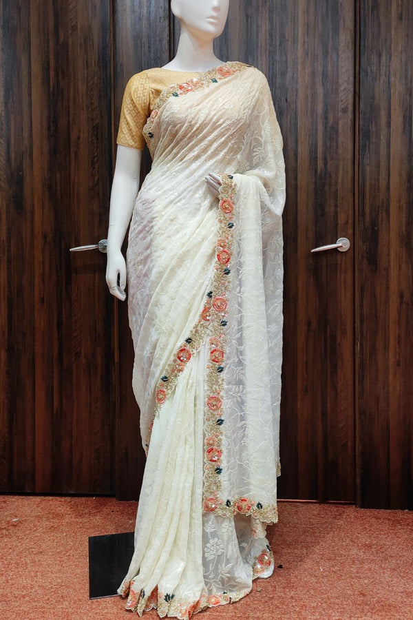 Pure Georgette Saree in White Colour