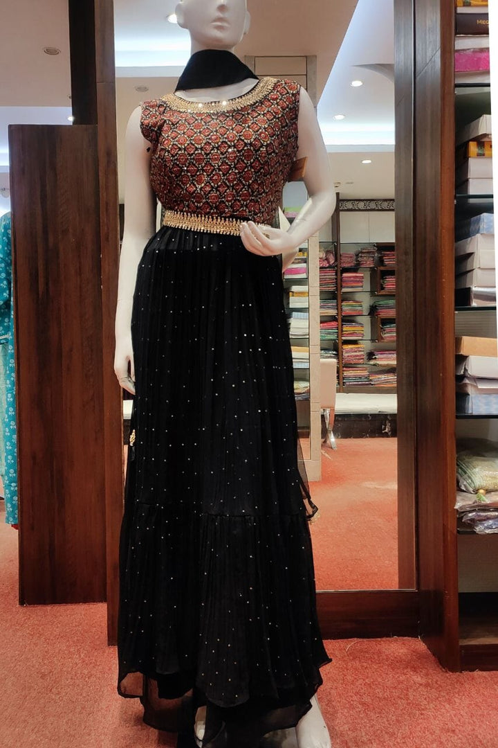Georgette Sharara Suit Set In Black Color