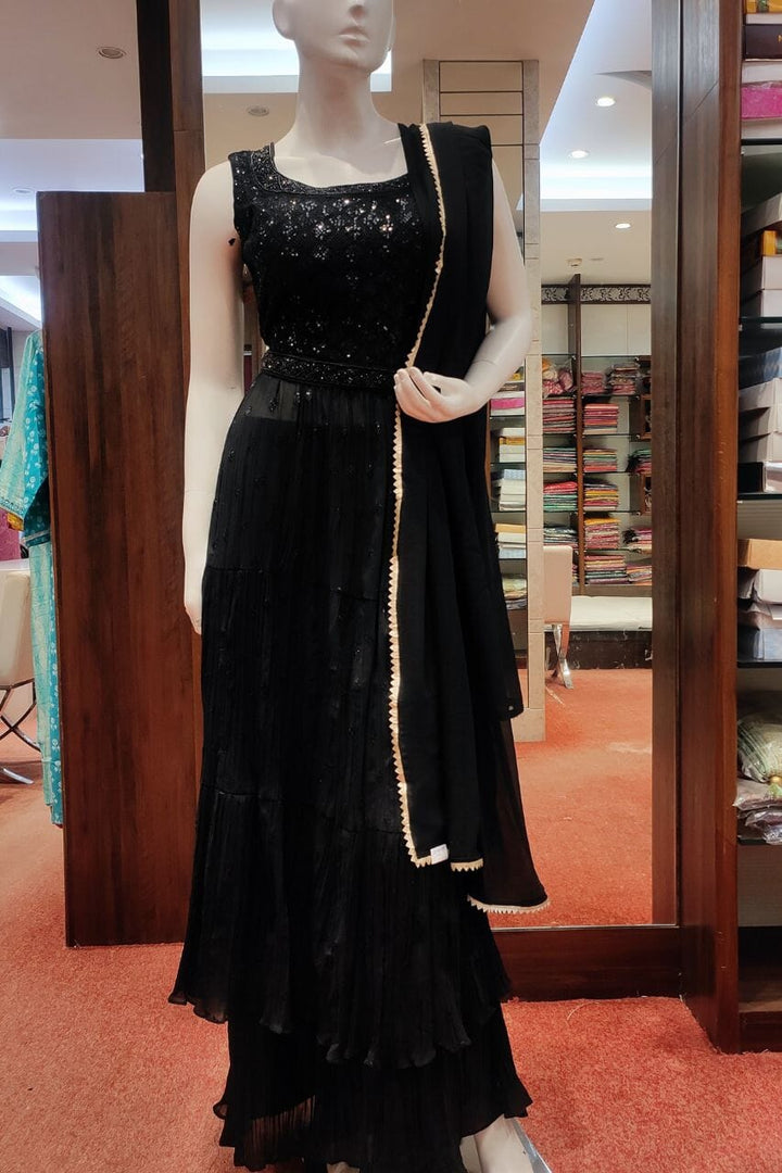 Georgette Sharara Suit Set In Black Color
