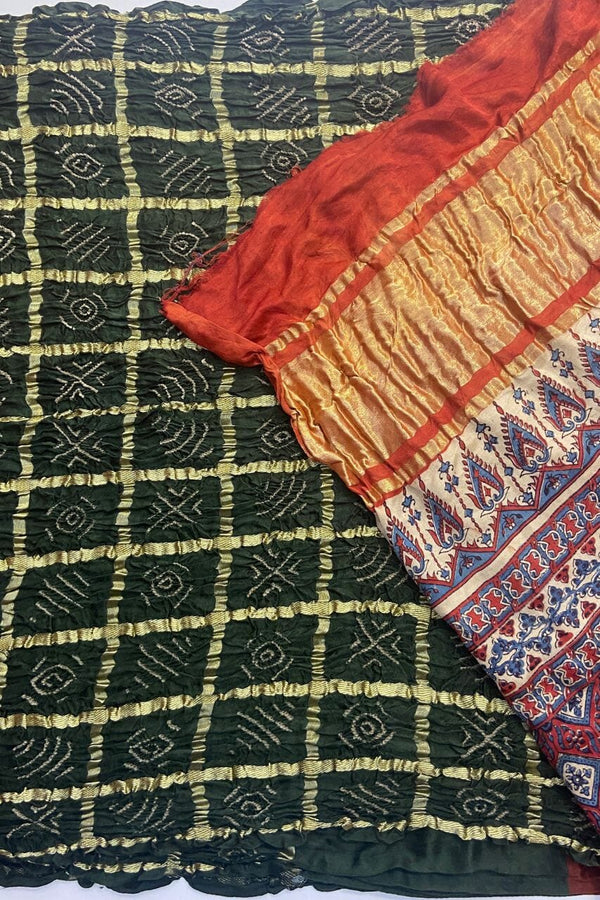 Gharchola Saree In Dark Green Color